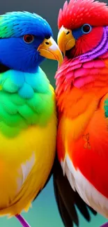 Colorful wallpaper with two vibrant, colorful parrots sitting closely.