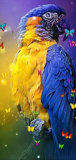 Vibrant parrot on a colorful, mystical background.