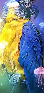 Vibrant parrot with neon jellyfish background wallpaper.