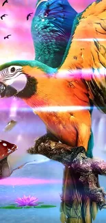 Vibrant parrot in a fantasy landscape with colorful surreal elements.