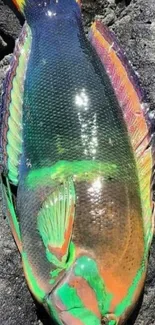 Vibrant parrot fish resting on dark rocks.