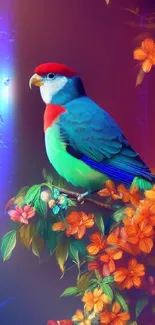 Colorful parrot on floral background art.