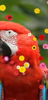 Vibrant red parrot with floral accents on green background.