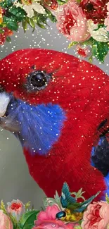 Vibrant red parrot amidst colorful flowers and foliage mobile wallpaper.