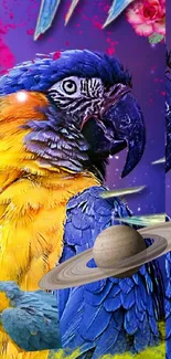 Colorful parrot with galaxy and planet background wallpaper.