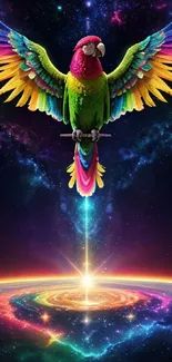 Vibrant parrot soaring in a colorful galaxy with cosmic backdrop.