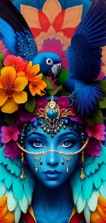 Vibrant blue goddess with parrot and flowers in this stunning mobile wallpaper.