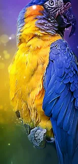 Vibrant blue and yellow parrot on a colorful background.