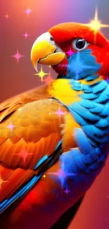 Vibrant red, blue, and yellow parrot on gradient background.