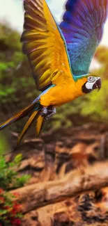 Parrot in vibrant flight over lush jungle scenery, perfect for mobile wallpaper.