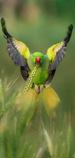 A vibrant parrot flies amid lush greenery.