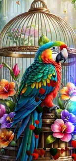 Colorful parrot perched before a floral birdcage.