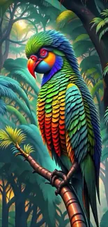 Vibrant parrot perched in lush rainforest setting.