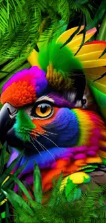 Vibrant parrot with colorful feathers in a lush jungle setting.