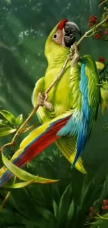 A vibrant parrot perched in a lush, green jungle setting.