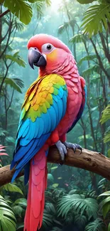 A vibrant parrot perched in a lush jungle setting.