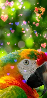 Close-up of a colorful parrot with lush green bokeh background.