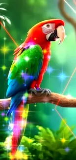 Vibrant parrot perched in lush rainforest setting.