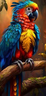 Colorful parrot perched in a vibrant rainforest setting.