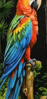 Vibrant parrot perched in tropical jungle setting.