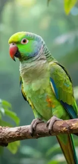 Green parrot perched in lush tropical jungle.