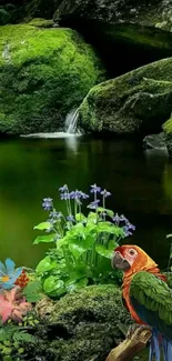 Vibrant parrot in lush jungle with colorful flora.