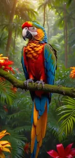 Colorful parrot in vibrant jungle setting with lush green foliage.