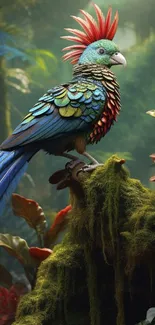 Vibrant parrot with colorful feathers in lush jungle setting.