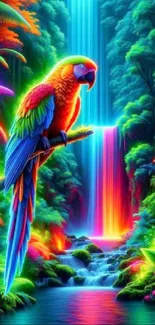 Colorful parrot in a vivid jungle with a glowing waterfall.