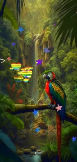 Colorful parrot in lush jungle with waterfall backdrop.