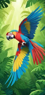 Vibrant parrot with colorful feathers in a lush jungle backdrop.