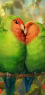 Two vibrant green parrots sitting closely on a branch in a lush setting.