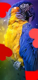 Vibrant parrot with colorful feathers and heart accents on a bright wallpaper.