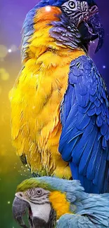 Colorful blue and yellow parrots wallpaper.