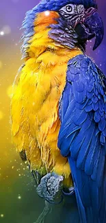 Vibrant parrot with yellow and blue feathers on a colorful background.