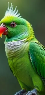 A vibrant, green-feathered parrot with red beak poses for a mobile wallpaper.