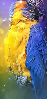 Colorful parrot wallpaper with vibrant yellow and blue hues.