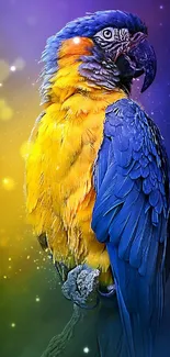 Vibrant blue and yellow parrot on a colorful background.