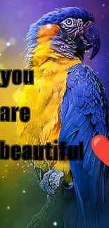 Vibrant parrot with motivational quote and heart graphic.