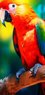 Colorful macaw parrot perched on a branch with vibrant red feathers.