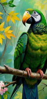 Vibrant green parrot sitting on a branch in a forest setting.