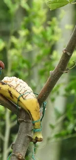 Parrot perched on banana tree branch.