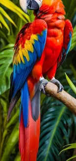 Vibrant parrot with colorful feathers in tropical jungle setting.