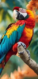 Vibrant parrot with colorful feathers perched on a branch.