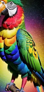 Colorful parrot on cosmic rainbow background, vibrant mobile wallpaper.