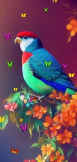 Colorful parrot perched on a floral branch with a gradient background.