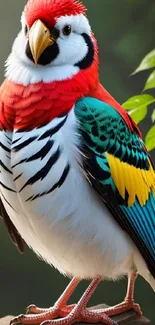 Colorful parrot perched with vibrant feathers.