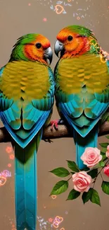 Vibrant parrot pair with roses on a branch, colorful feathers standing out.