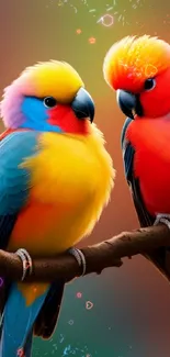 Colorful parrots on branch, vibrant design.