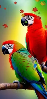 Vibrant parrots perched on a branch with a colorful background.